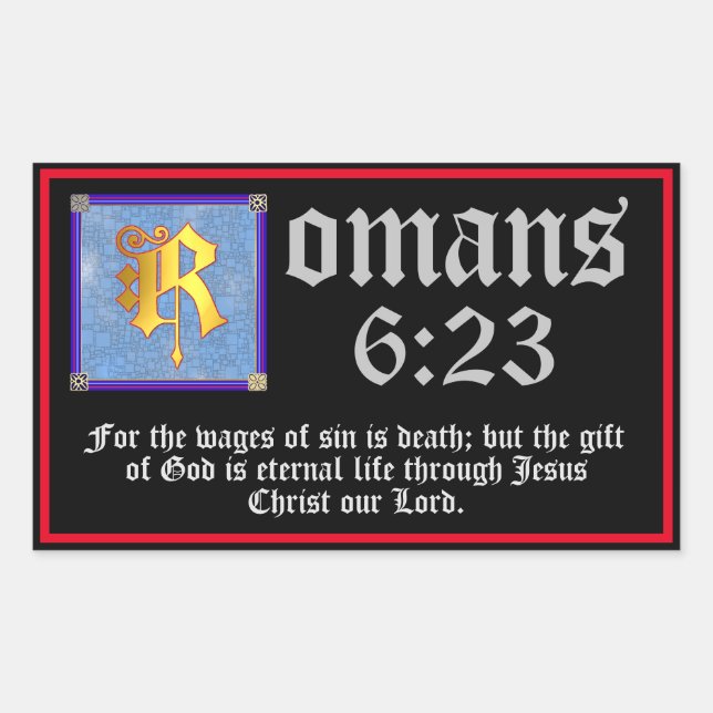 Romans 6:23 Gold Illuminated Letter Bible Verse Sticker (Front)