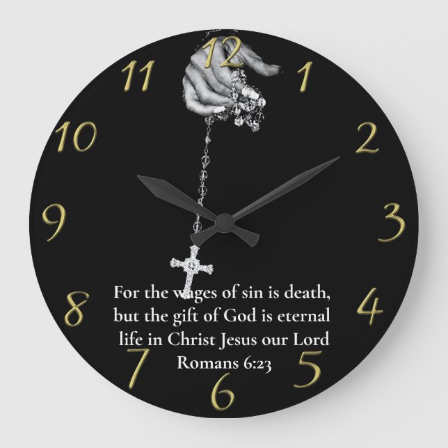 Romans 6:23 hand holding cross  gold large clock (Front)