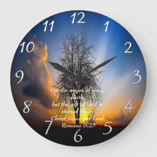  Romans 6:23  tree in a field with blue sky  Large Clock