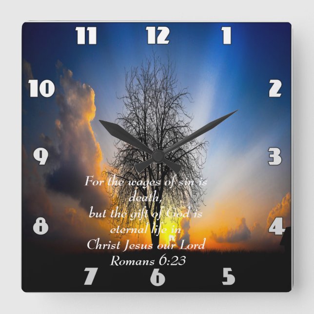  Romans 6:23  tree in a field with blue sky Square Wall Clock (Front)