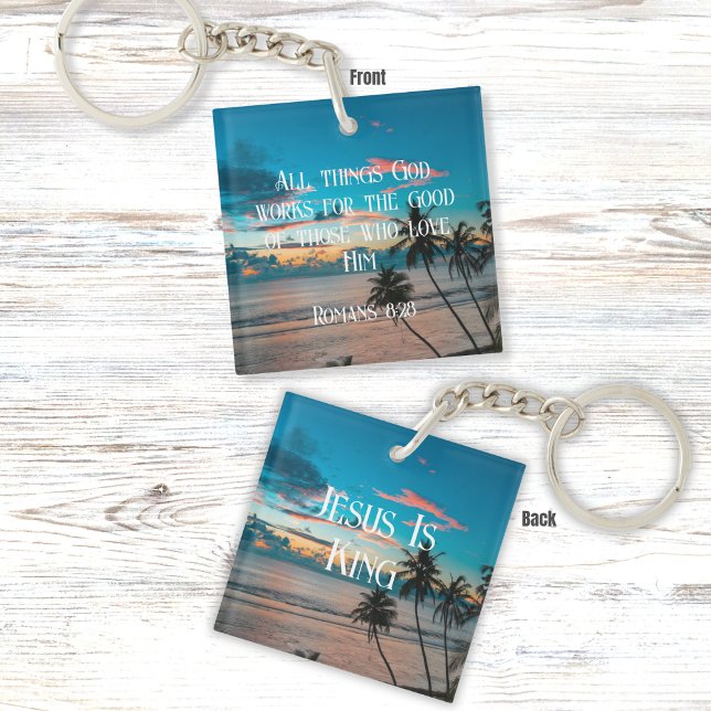 Romans 8:28 Bible Verse w/ Tropical Beach Sunset Keychain (Creator Uploaded)