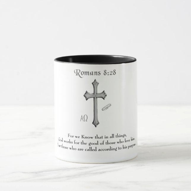 Romans 8:28 Christian Bible verse Mug (Center)