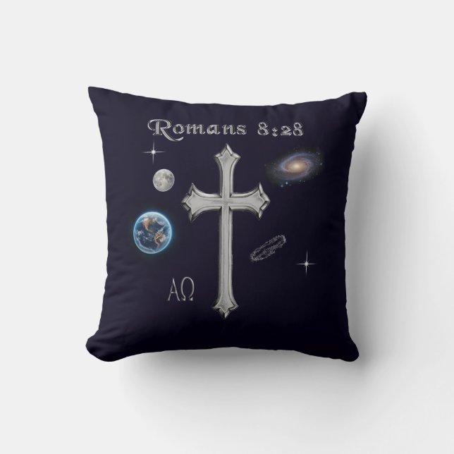 Romans 8:28 Christian Bible verse Throw Pillow (Front)