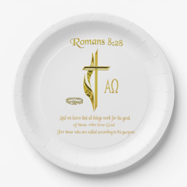 Romans 8:28 Christian merchandise Paper Plate (Front)