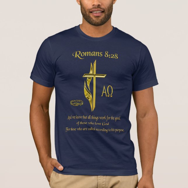 Romans 8:28 Christian t-shirts (Front)