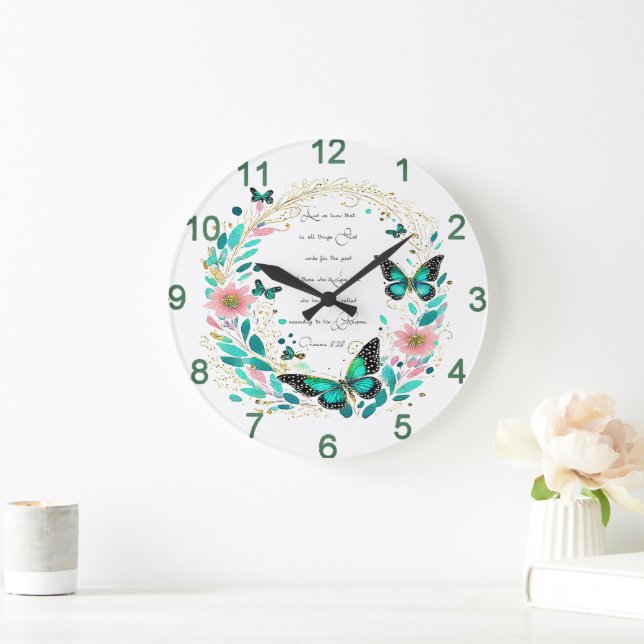 Romans 8:28 Flowers and butterflies  Large Clock (Home)