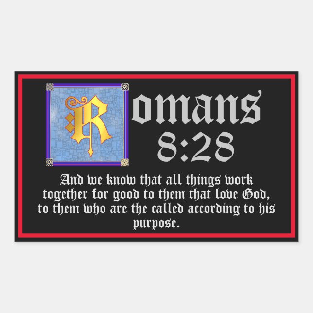 Romans 8:28 Gold Illuminated Letter Bible Quote Sticker (Front)