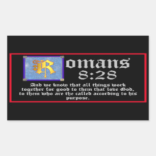 Romans 8:28 Gold Illuminated Letter Bible Quote Sticker