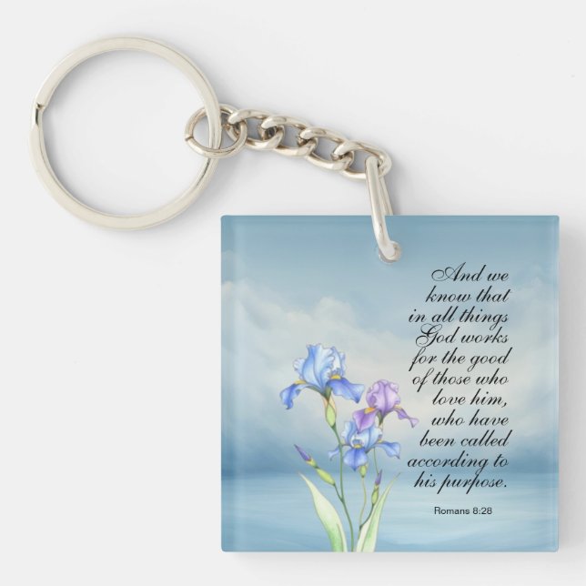Romans 8:28 Iris Watercolor  Keychain (Front)