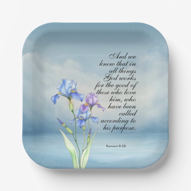 Romans 8:28 Iris Watercolor  Paper Plate (Front)