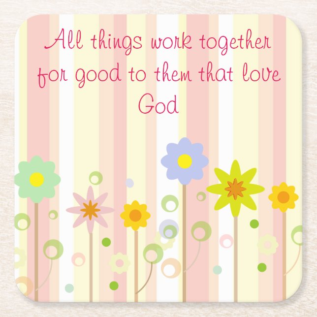 Romans 8:28 Pink Stripe and Flower Christian Quote Square Paper Coaster (Front)