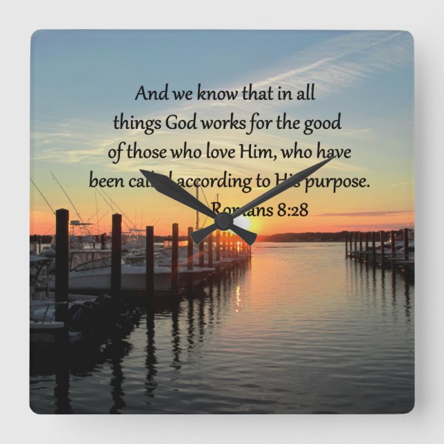 ROMANS 8:28 SUNSET PHOTO DESIGN SQUARE WALL CLOCK (Front)