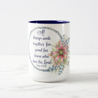Romans 8:28 Two-Tone coffee mug