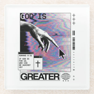 Romans 8:31 Cyberpunk Hand Of God Glitch Art Glass Coaster
