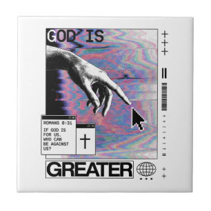Romans 8:31 Cyberpunk Hand Of God Glitch Art Tile