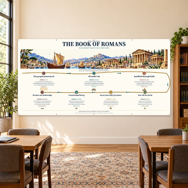 Romans Bible Study Wall Chart 96x48 Banner (Romans 96 x 48 inch - exact digital room mockup; illustrative room scale)
