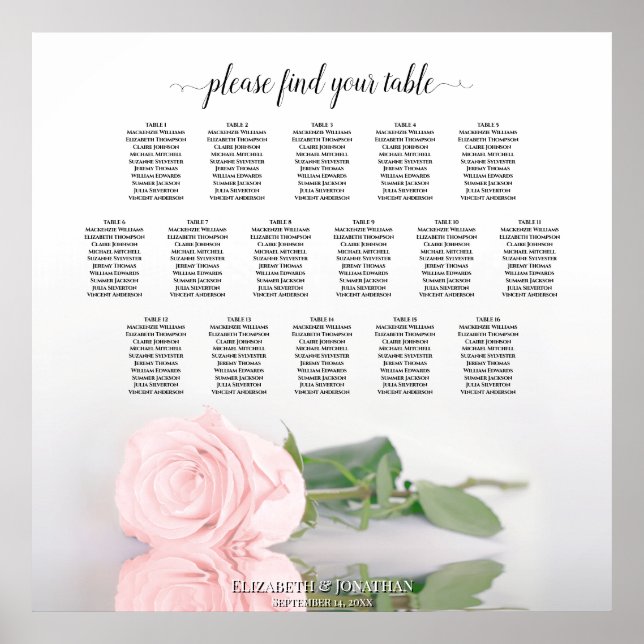 Romantic 16 Table Pink Rose Wedding Seating Chart (Front)