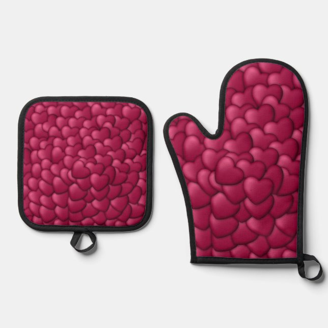 Romantic 3D Red Hearts Pattern-32322 Oven Mitt & Pot Holder Set (Front)