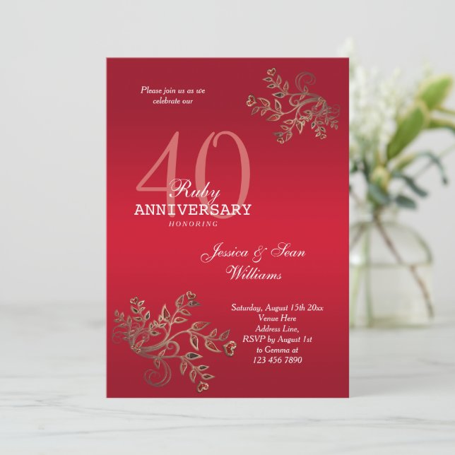 Romantic 40th Ruby Wedding Anniversary Invitation (Standing Front)