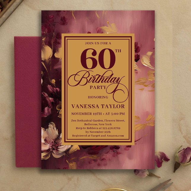 Romantic 60th Birthday Burgundy Floral Gold Invite (Romantic 60th Birthday Burgundy Floral Gold Invitation)