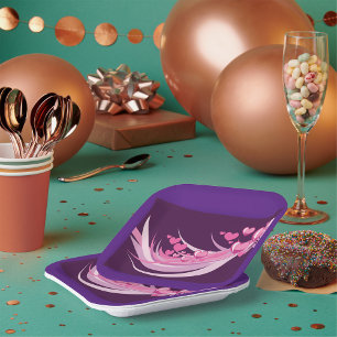 Romantic Abstract Pink Hearts Design On Purple  Paper Plate