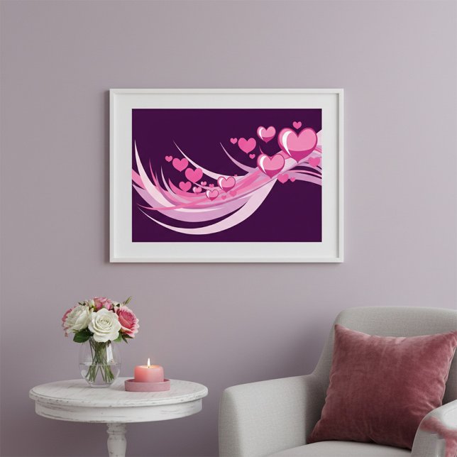 Romantic Abstract Pink Hearts Design On Purple  Poster (Creator Uploaded)