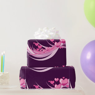 Romantic Abstract Pink Hearts Design On Purple  Wrapping Paper