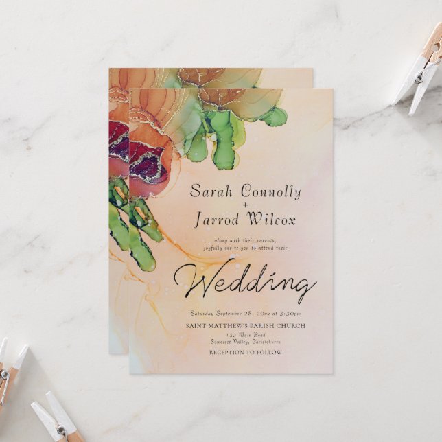 Romantic Abstract Rose Garland Wedding Invitation (Front/Back In Situ)