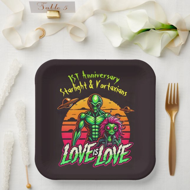 Romantic Aliens Under Cosmic Sunset Paper Plate (Wedding)