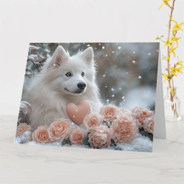 Romantic American Eskimo Dog Valentine’s Day Card  (Yellow Flower)