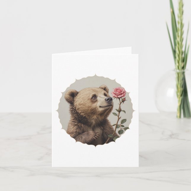 Romantic and inspiring bear with rose card (Front)