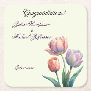 Romantic and Poetic Pastel Tulips Watercolor Square Paper Coaster