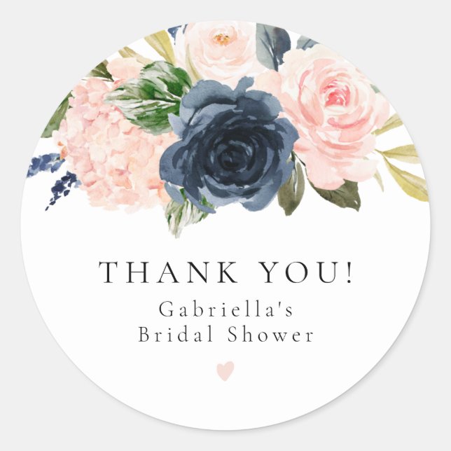Romantic and Sweet Navy Floral Blush Bridal Shower Classic Round Sticker (Front)
