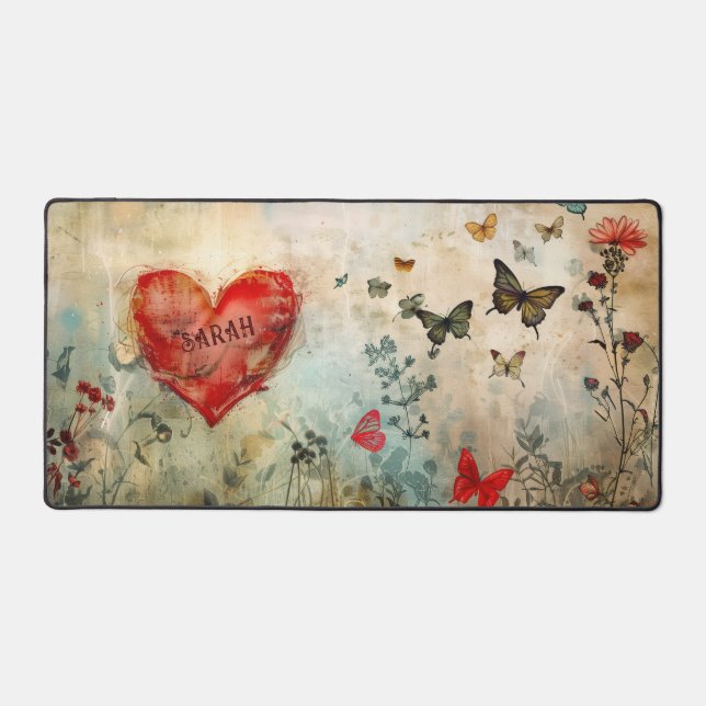 Romantic and Whimsical Hearts and Butterfly Desk Mat (Front)