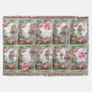 ROMANTIC ANGEL GATHERING PINK ROSES AND FLOWERS THROW BLANKET