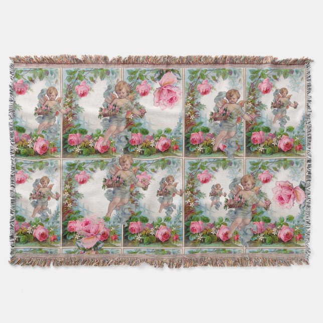 ROMANTIC ANGEL GATHERING PINK ROSES AND FLOWERS THROW BLANKET (Front)