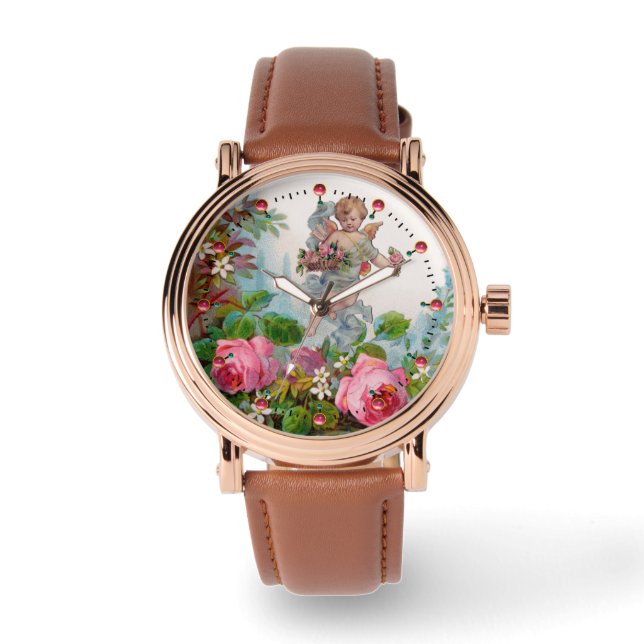 ROMANTIC ANGEL GATHERING PINK ROSES AND FLOWERS WATCH (Front)