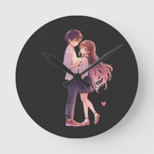 Romantic Anime Couple - Cute Aesthetic Lovers Art Round Clock