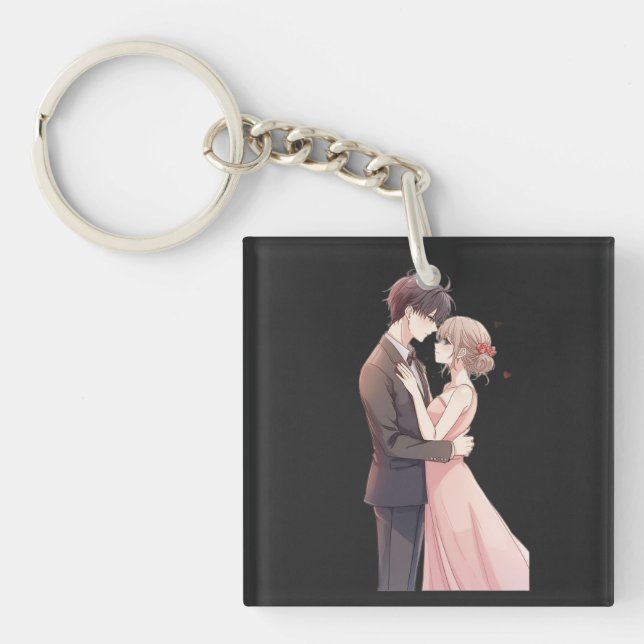 Romantic Anime Couple Embrace T-Shirt Keychain (Front)
