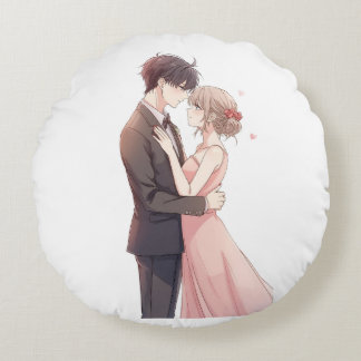 Romantic Anime Couple Embrace T-Shirt Round Pillow