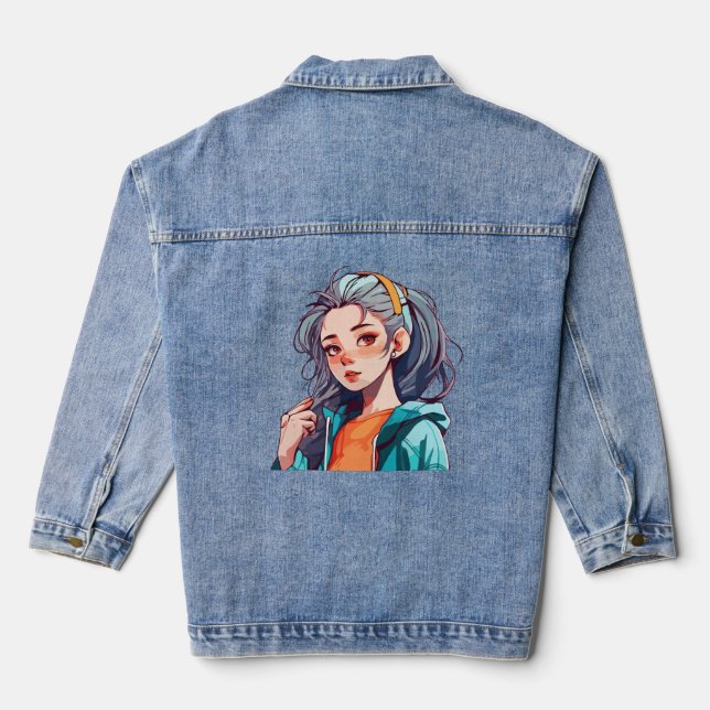 Romantic Anime Girl with Colourful Light Hair Denim Jacket (Back)