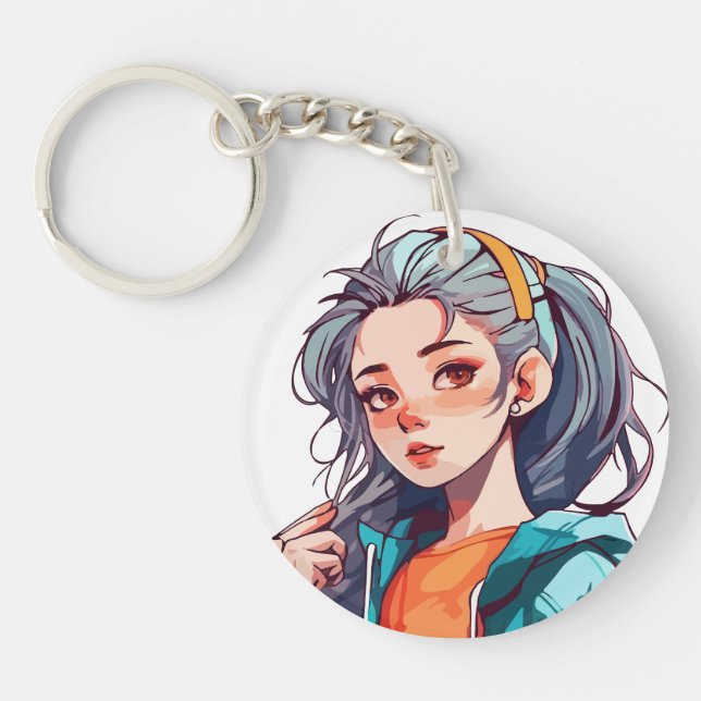 Romantic Anime Girl with Colourful Light Hair Keychain (Front)