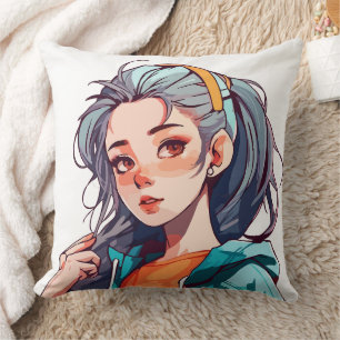 Romantic Anime Girl with Colourful Light Hair Throw Pillow