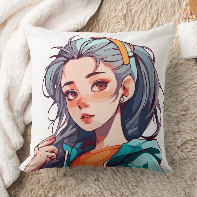 Romantic Anime Girl with Colourful Light Hair Throw Pillow (Blanket)