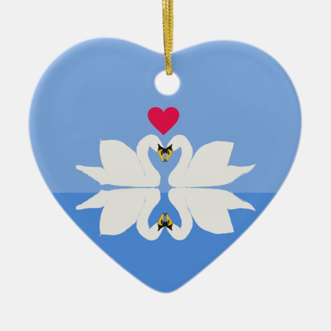 Romantic Anniversary Swan Heart Ceramic Ornament (Front)