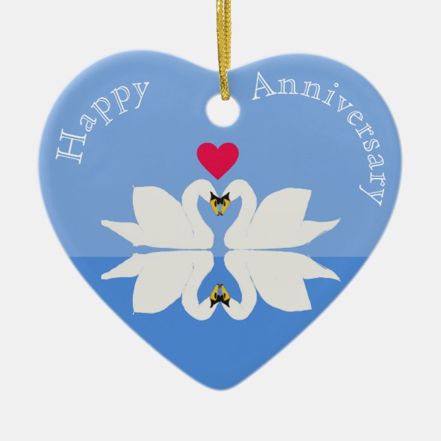 Romantic Anniversary Swan Heart Ceramic Ornament (Front)