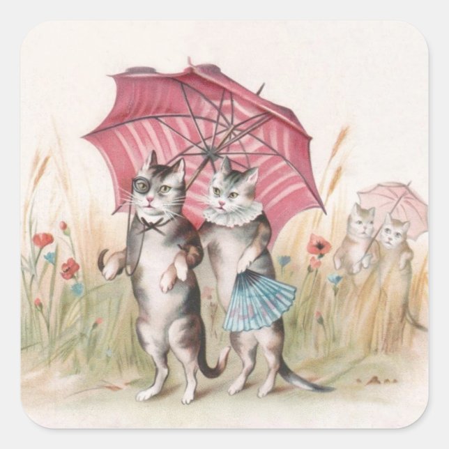 Romantic Anthropomorphic Cats in Wildflower Garden Square Sticker (Front)