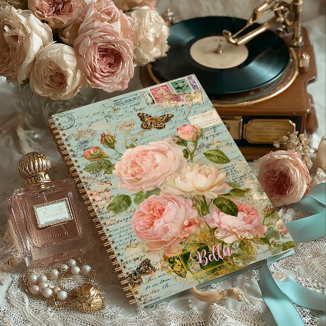 Romantic Antique Blue Floral Junk Journal   (Antique Blue Floral Tarnished Junk Journal Notebook )