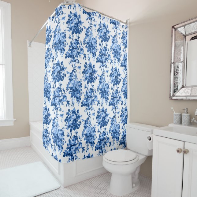 Romantic Antique Vintage Roses-Blue on White (In Situ)