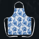 Romantic Antique Vintage Roses-Blue on White Apron<br><div class="desc">Elegant and classic antique vintage Delft blue roses on white background. Strap colour is customizable.</div>